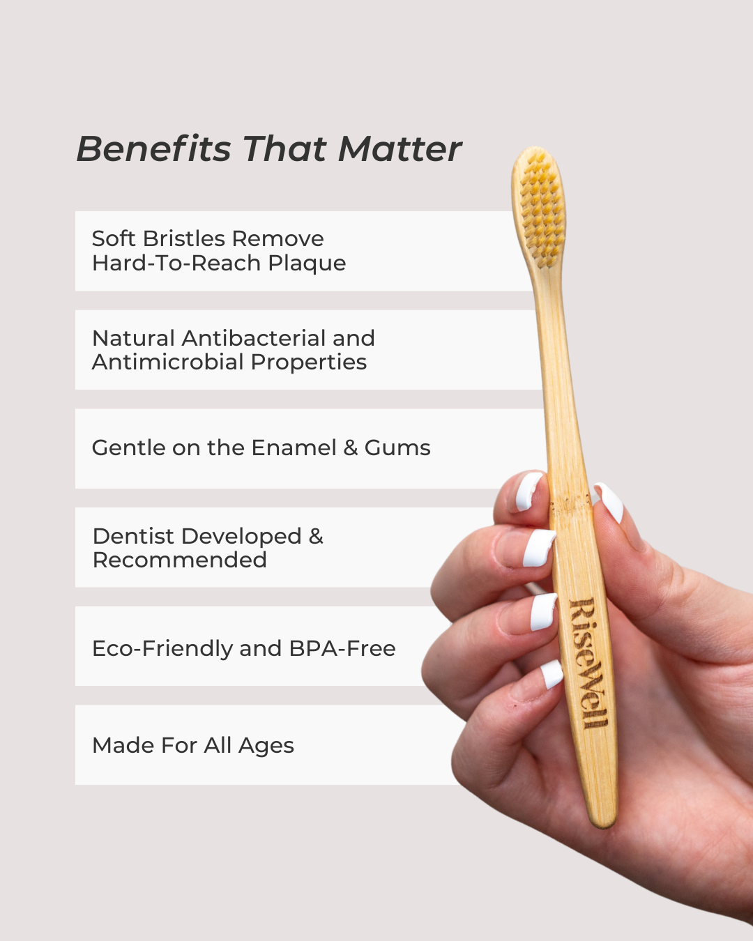 RiseWell Bamboo toothbrush held by a hand with text listing benefits on a light gray background