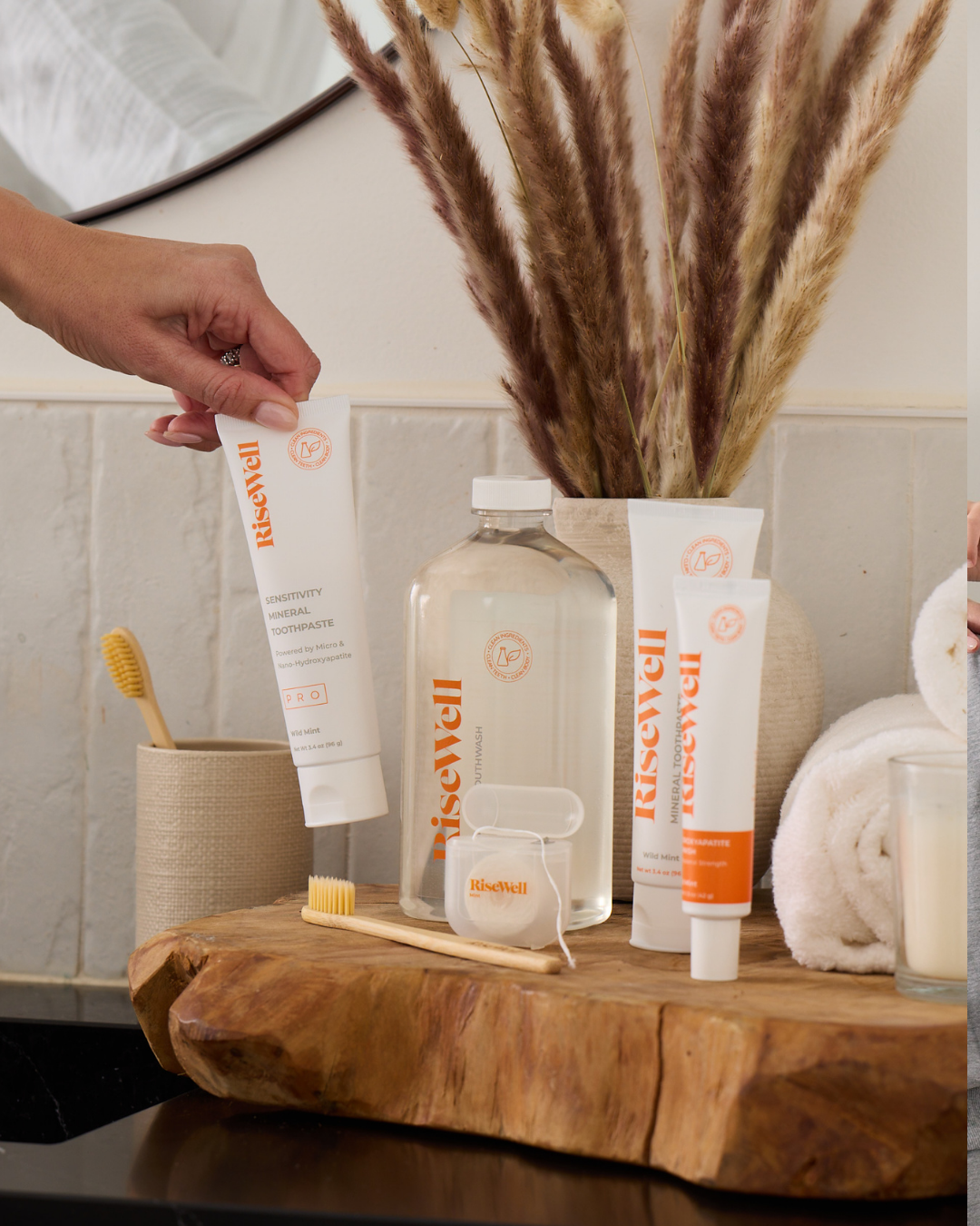 RiseWell skincare products on a bathroom counter