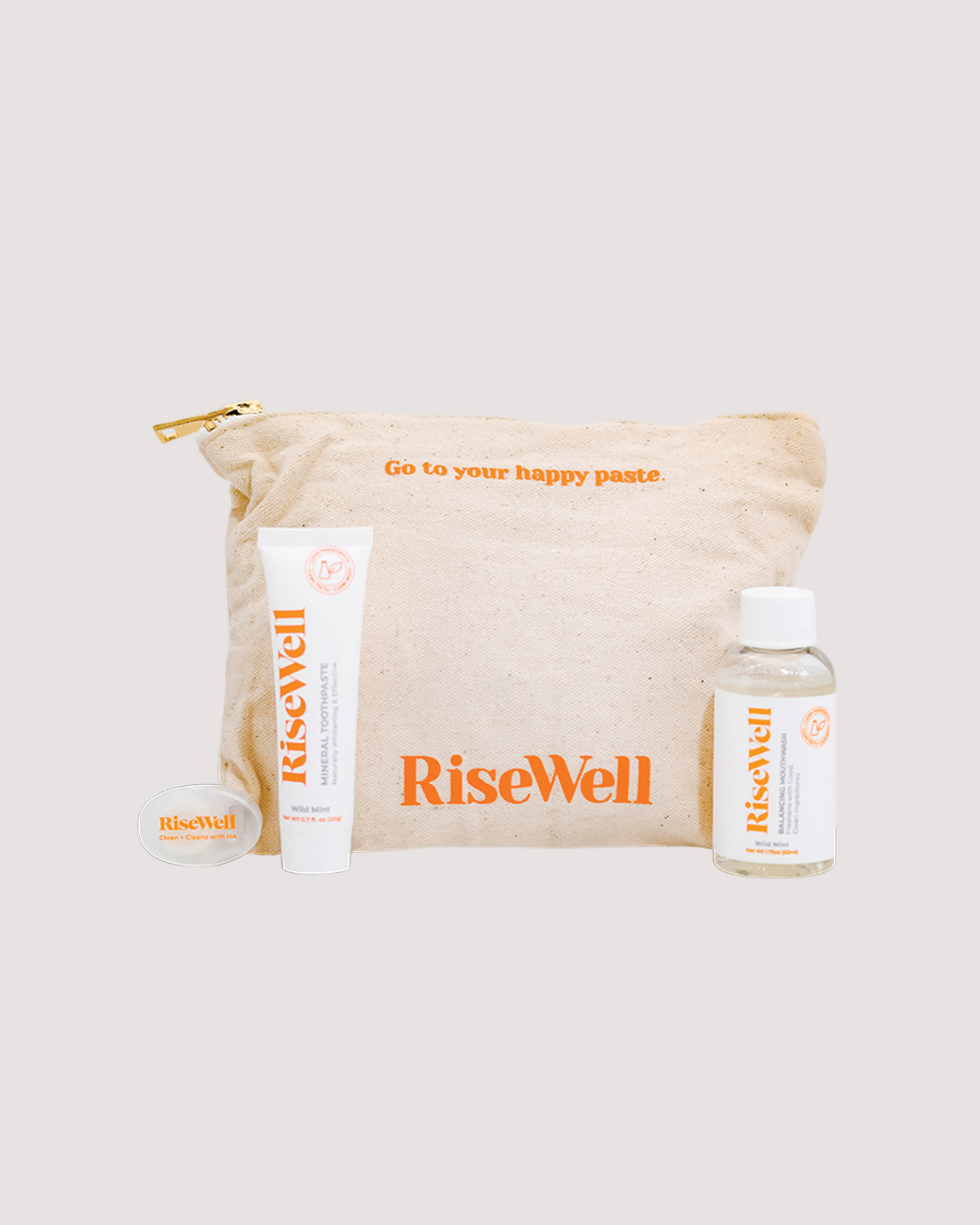RiseWell travel products on a light gray background