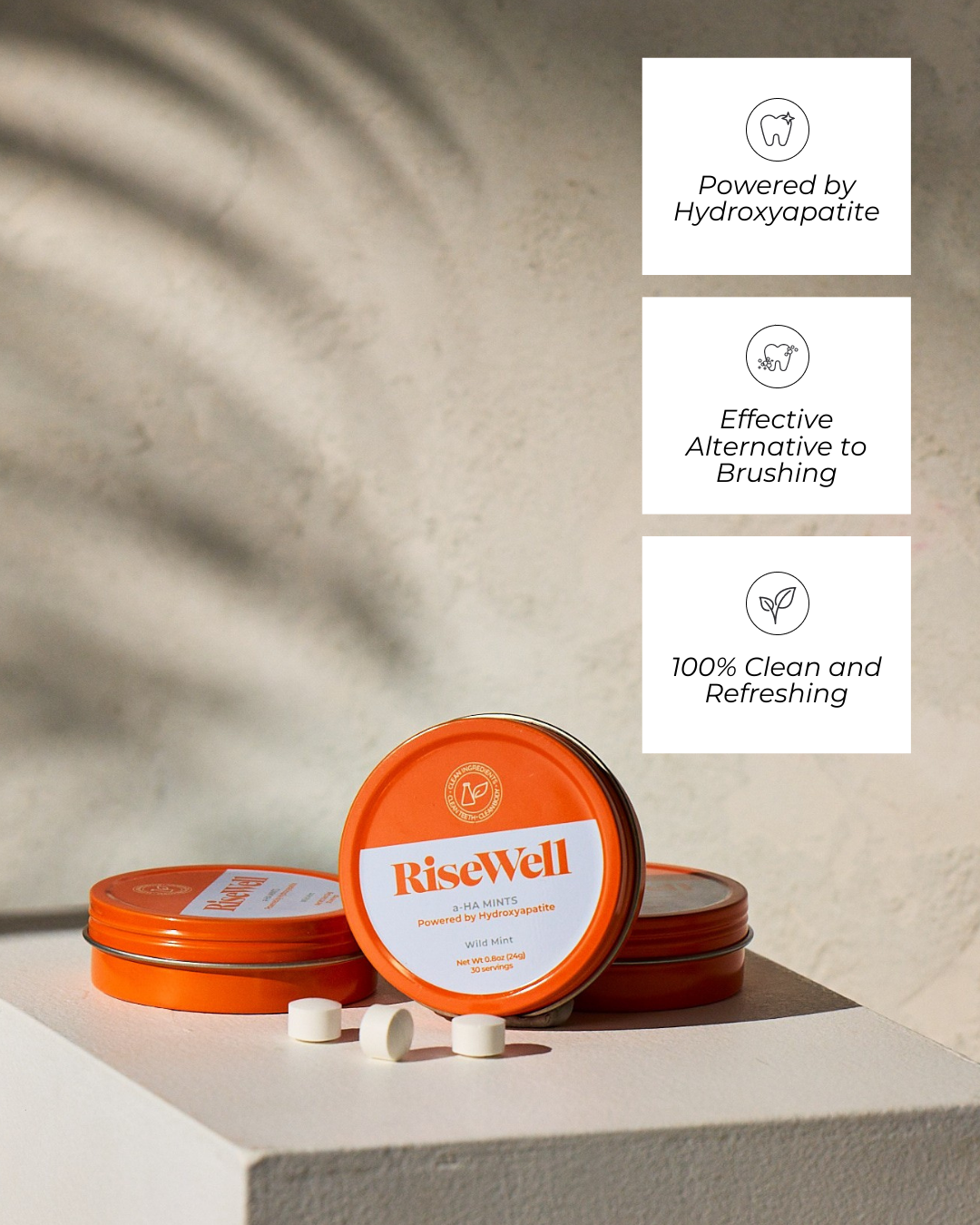 RiseWell Mints with white labels on a neutral background