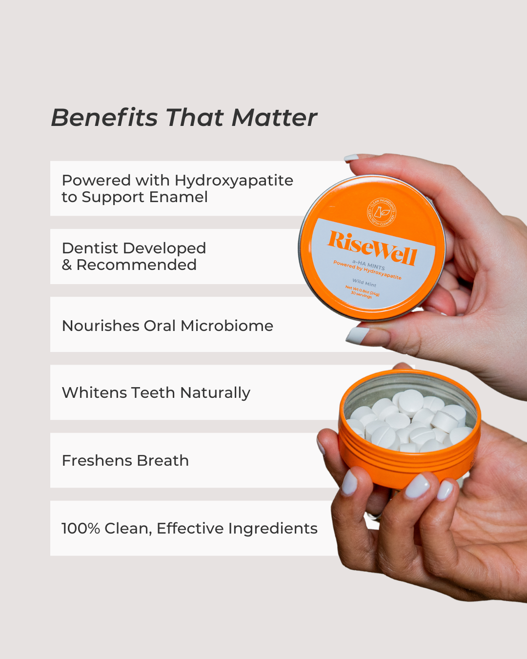 Hand holding an open container of RiseWell a-HA Mints with text listing benefits on a light gray background.