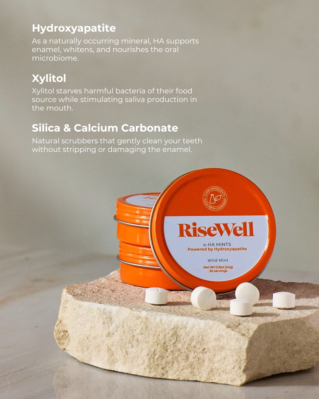 RiseWell mints on a stone surface with text about ingredients.